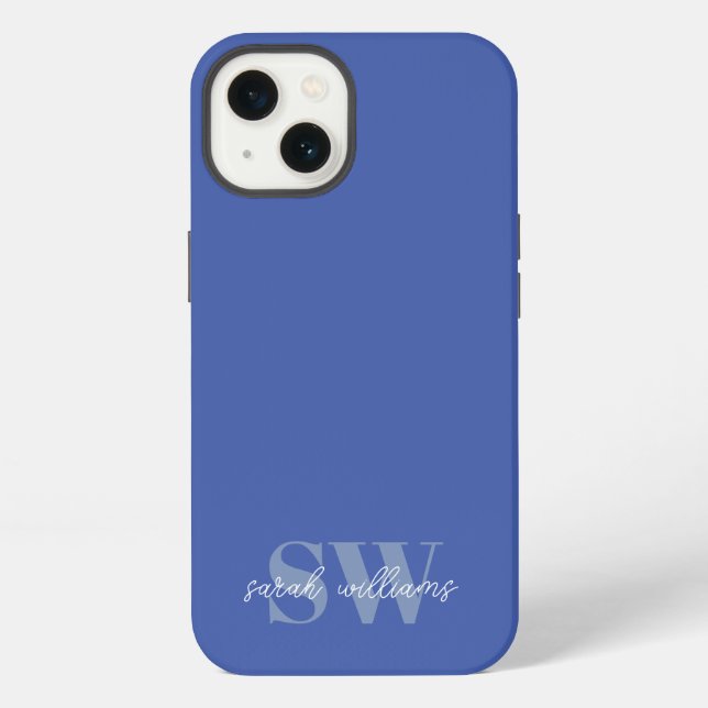 Modern Blue Personalized Monogram Name iPhone Case (Back)