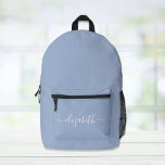 Modern Blue Personalized Script Printed Backpack<br><div class="desc">Personalized blue backpack with your monogram name or initials in a stylish white script with swashes.</div>