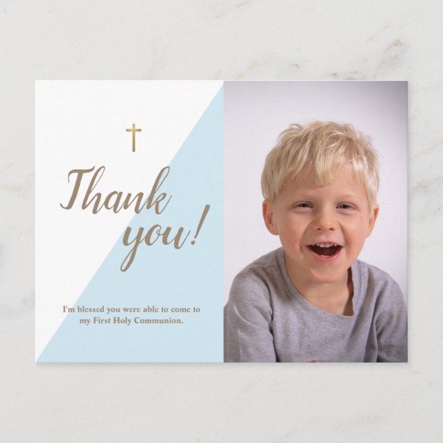 Modern blue Photo 1st Holy Communion Thank You Postcard (Front)