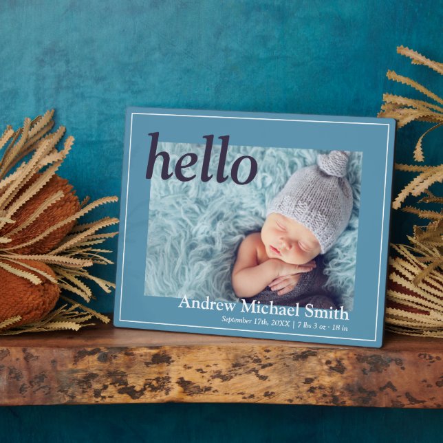 Modern Blue Photo Birth Announcement Plaque (Side)