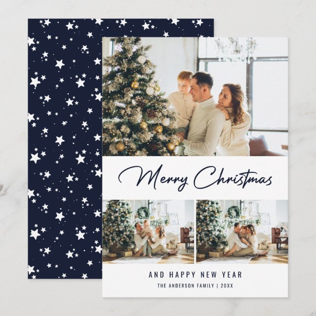 Modern Blue Photo Collage Christmas New Year Card (Front/Back)