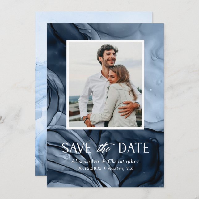  Modern Blue Photo Flat Save The Date Card (Front/Back)