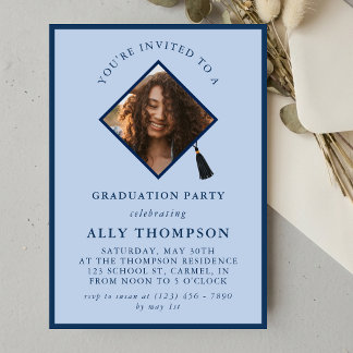 Modern Blue Photo Frame Graduation Party Invitation