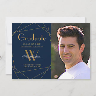 Modern Blue Photo Monogram Geometric Graduation Announcement