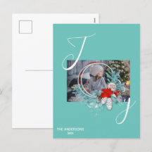 Modern Blue Pine Wreath Joy Photo Holiday Card 