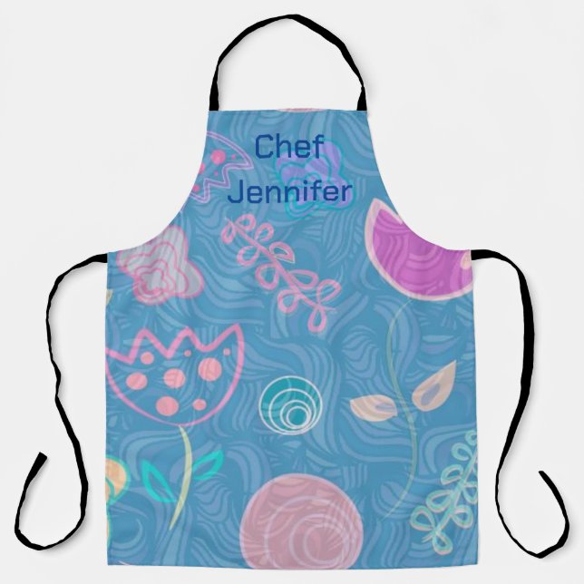 Modern Blue Pink and Purple Floral Tulip Apron (Front)