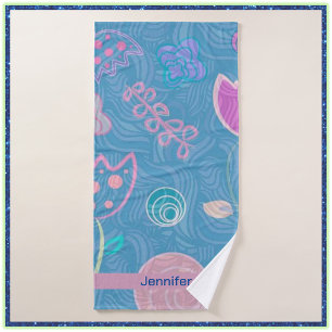 Modern Blue Pink and Purple Floral Tulip Bath Towel Set