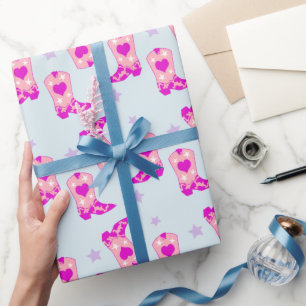 Modern Blue Pink Cowgirl Western Boots Stars   Wrapping Paper