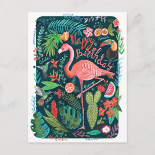 Modern Blue & Pink Flamingo painted Birthday Postcard