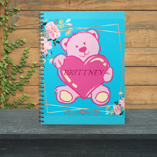 Modern Blue Pink Floral Back To School Bear Kids  Notebook