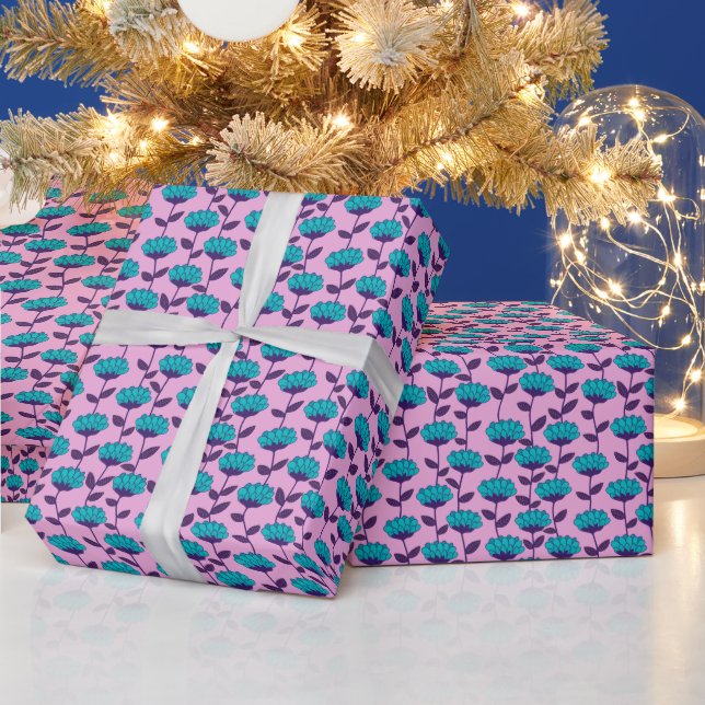 Modern Blue Pink flowers pattern  Wrapping Paper (Holidays)
