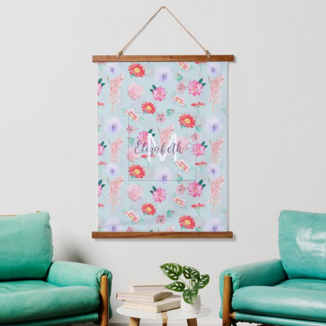 Modern Blue Pink Garden Floral Hanging Tapestry (Living Room)