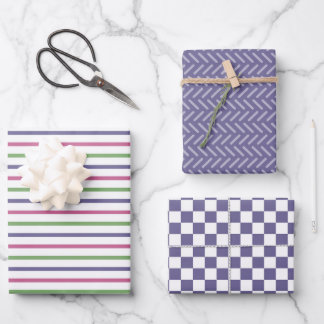 Modern Blue, Pink, Green Stripes, Blue Checkered Wrapping Paper Sheet