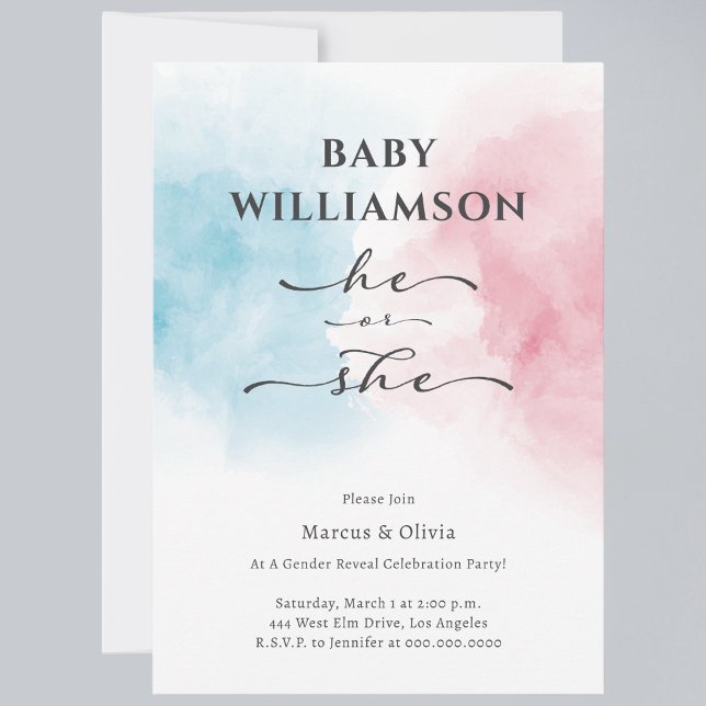 Modern Blue Pink He She Gender Reveal Party Invitation (Celebrate one of life's most exciting moments with our Gender Reveal Party Invitations. )