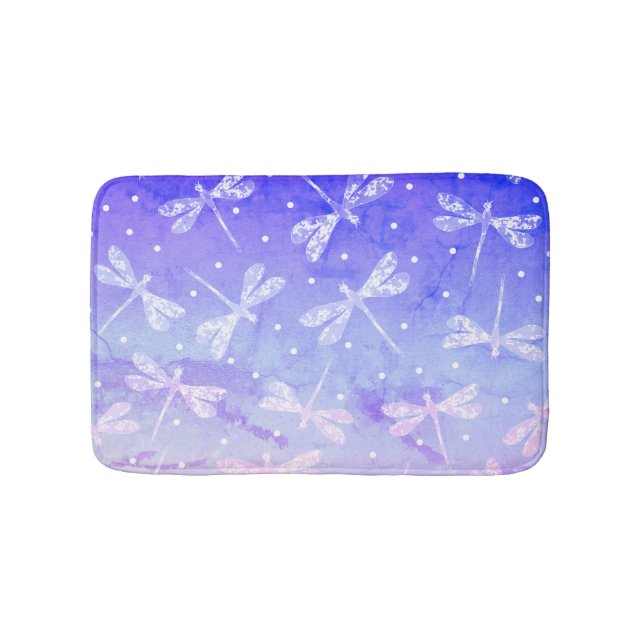 Modern blue pink ombre dragonflies watercolor bath mat (Front)