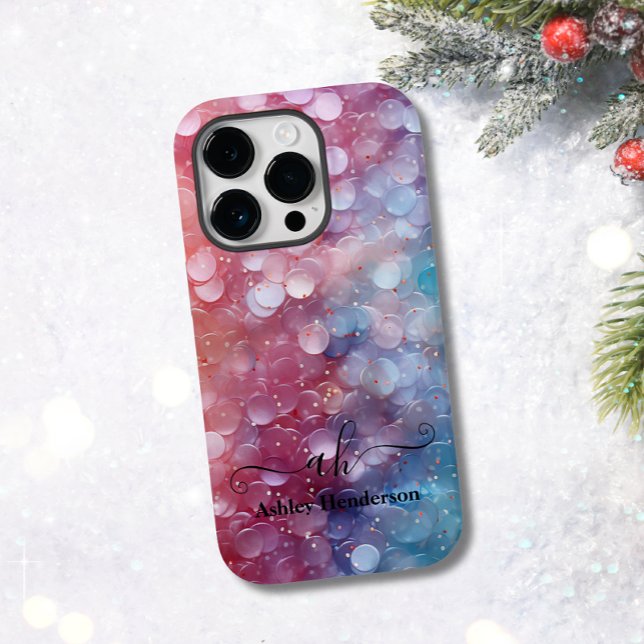 Modern Blue Pink Ombre Glitter Monogrammed Chic Case-Mate iPhone Case (Creator Uploaded)