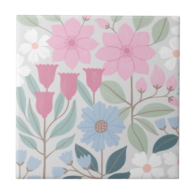 Modern Blue Pink Pretty Floral Print Tile (Front)