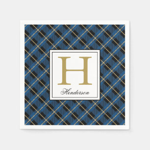Modern Blue Plaid Check Gold Accents, Monogrammed Napkin
