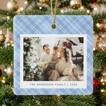 Modern Blue Plaid Family Photo Christmas