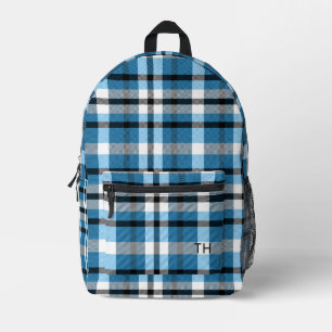 Modern Blue Plaid Monogram Initials Printed Backpack