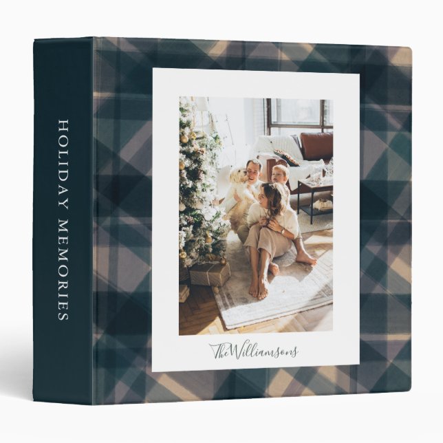Modern Blue Plaid Personalized Holiday Photo Album Binder (Front/Spine)