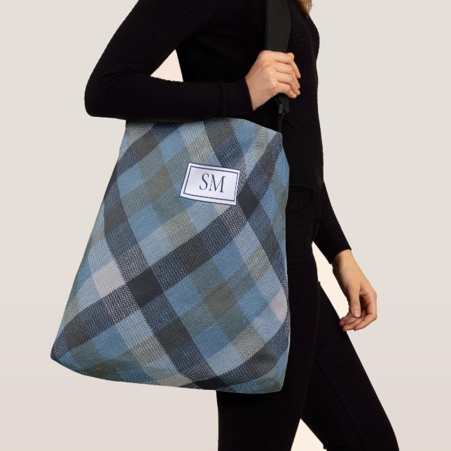 Modern Blue Plaid Personalized Monogram Crossbody Bag (Close Up)