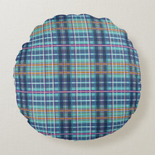 Modern Blue Plaid Round Pillow - Vibrant Tartan Pa