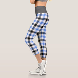 Modern Blue Plaid Tartan Pattern Capri Leggings