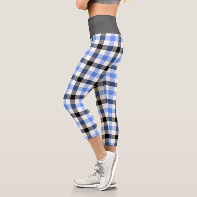 Modern Blue Plaid Tartan Pattern Capri Leggings (Left)