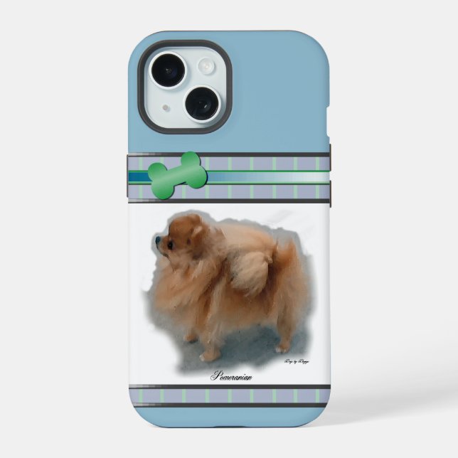 Modern Blue Pomeranian Dog Art iPhone 15 Case (Back)