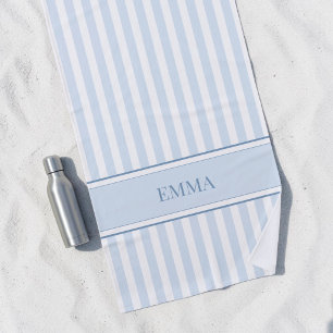 Modern Blue Preppy Striped Personalized Name Beach Towel