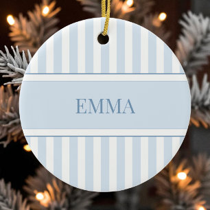 Modern Blue Preppy Striped Personalized Name Ceramic Ornament