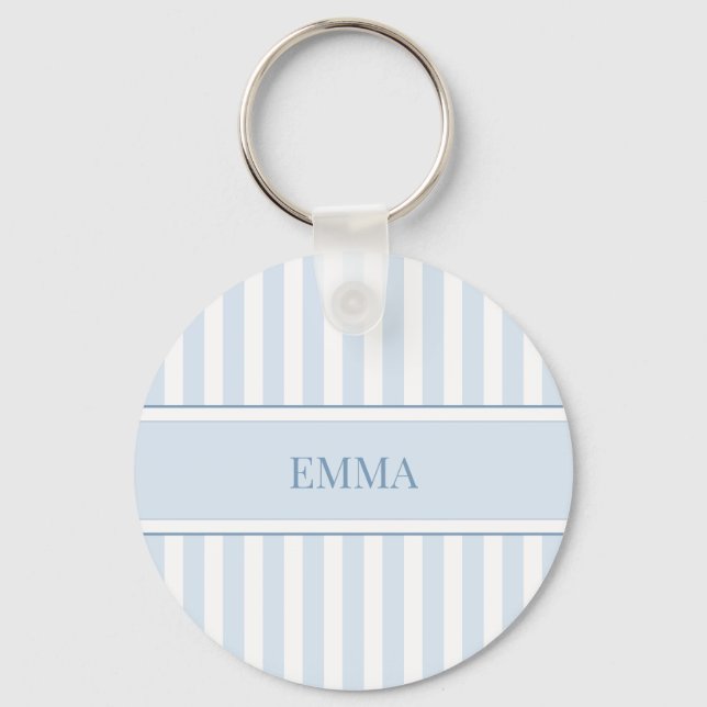 Modern Blue Preppy Striped Simple Custom Name Keychain (Front)