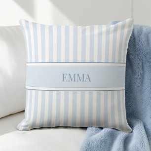 Modern Blue Preppy Striped Simple Custom Name Throw Pillow