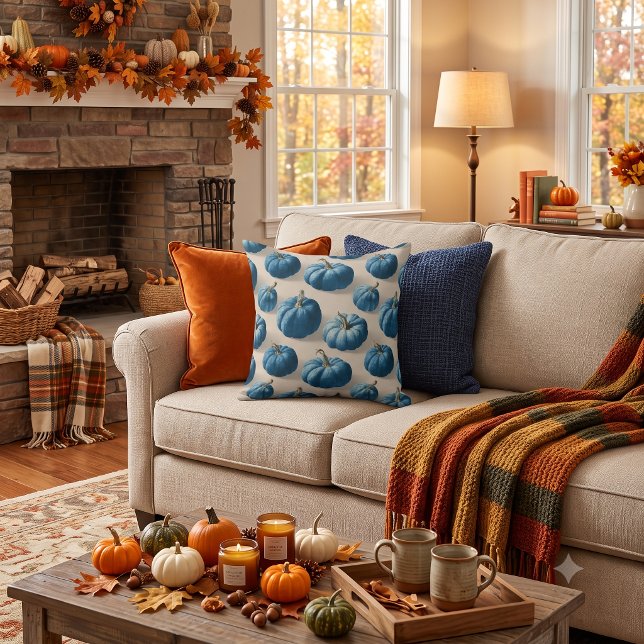 Modern Blue Pumpkin Fall Design Throw Pillow (Creator Uploaded)