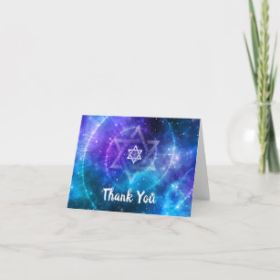 Modern Blue Purple Galaxy Bat Bar Mitzvah Folded Thank You Card