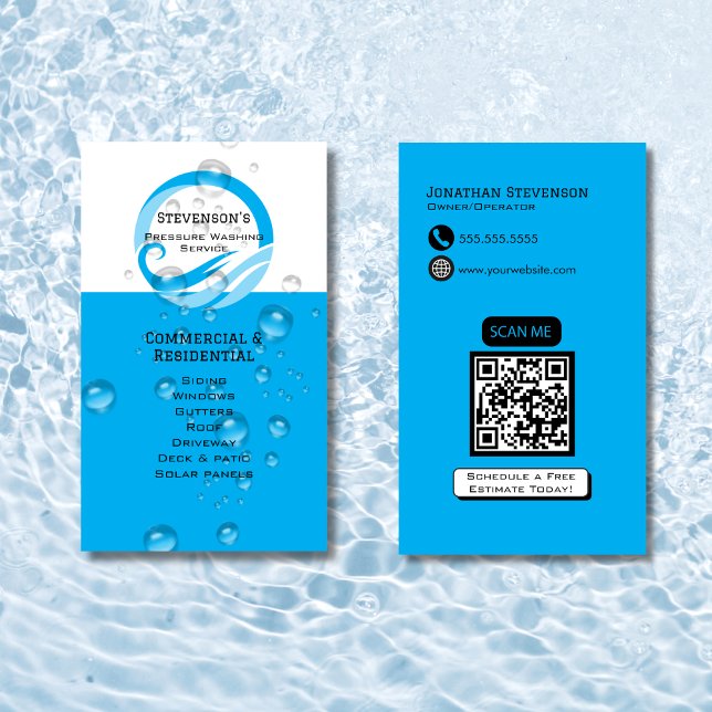 Modern Blue QR Code Customizable Pressure Washing  Business Card (Creator Uploaded)