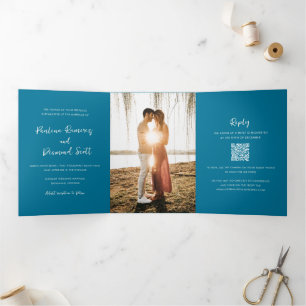 Modern Blue QR Code Simple Wedding Tri-Fold Invitation