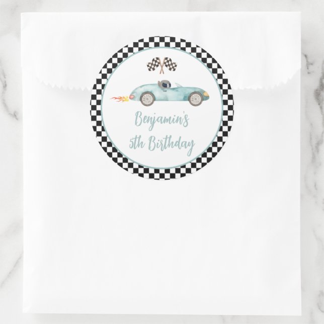Modern Blue Race Car Birthday Classic Round Sticker (Bag)
