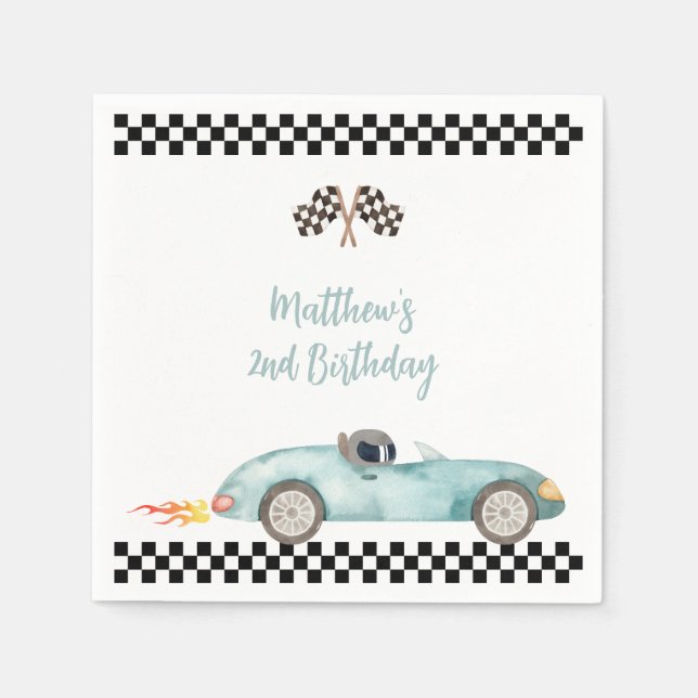 Modern Blue Race Car Birthday Napkin (Front)