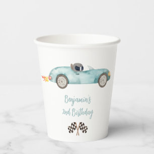 Modern Blue Race Car Birthday Paper Cups
