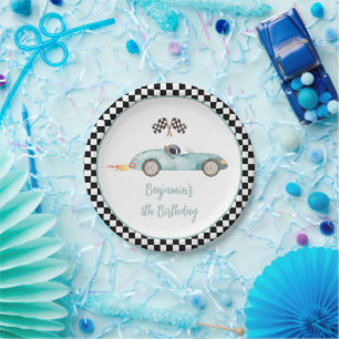 Modern Blue Race Car Birthday Paper Plate