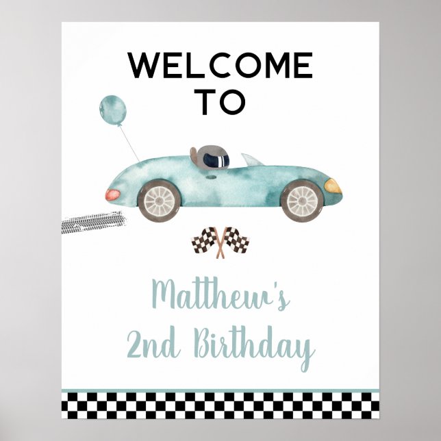 Modern Blue Race Car Birthday Welcome Sign (Front)