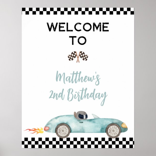 Modern Blue Race Car Birthday Welcome Sign (Front)
