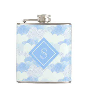 Modern Blue Rain Clouds Monogram Personalized Flas Hip Flask