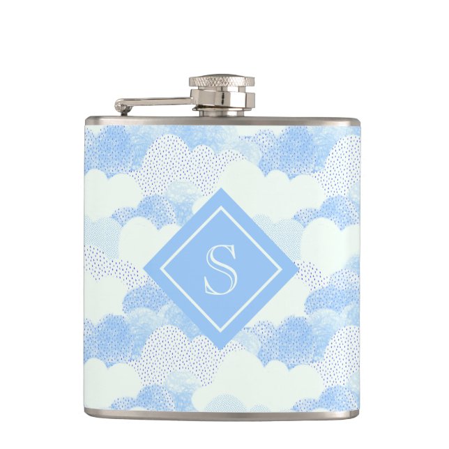 Modern Blue Rain Clouds Monogram Personalized Flas Hip Flask (Front)
