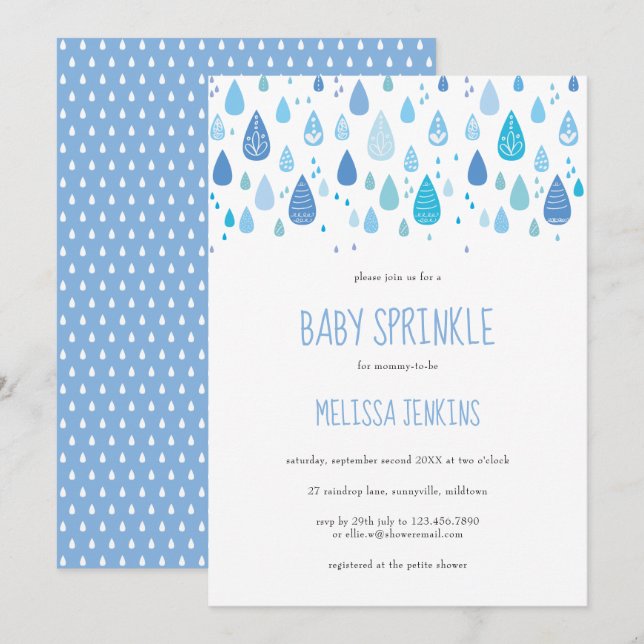 Modern Blue Raindrops Baby Boy Sprinkle / Shower Invitation (Front/Back)