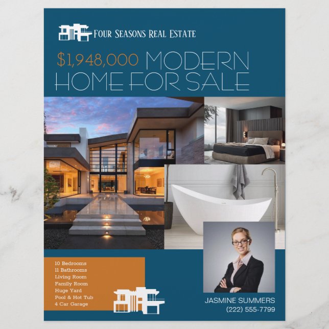 MODERN BLUE Real Estate Realty Flyer For Sale (Front)