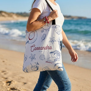 Modern Blue & Red Beach Summer Birthday Favour Tote Bag