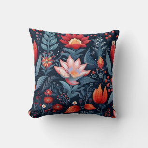Modern Blue Red Floral Dark Pattern Decor Throw Pillow
